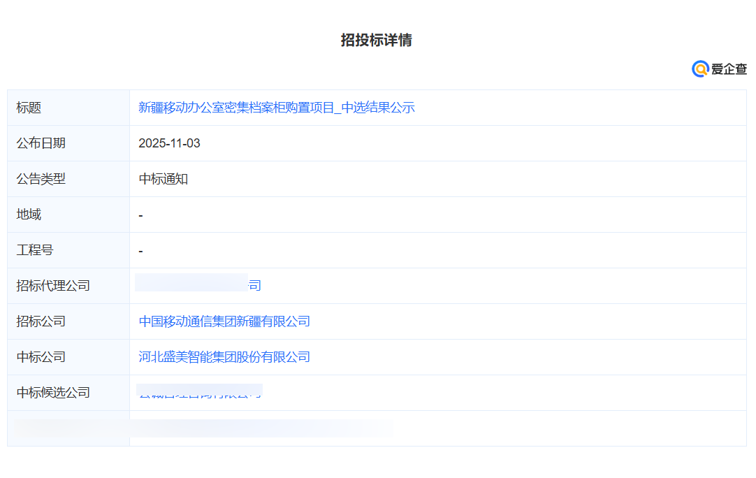 新疆移动办公室密集档案柜购置项目中标！